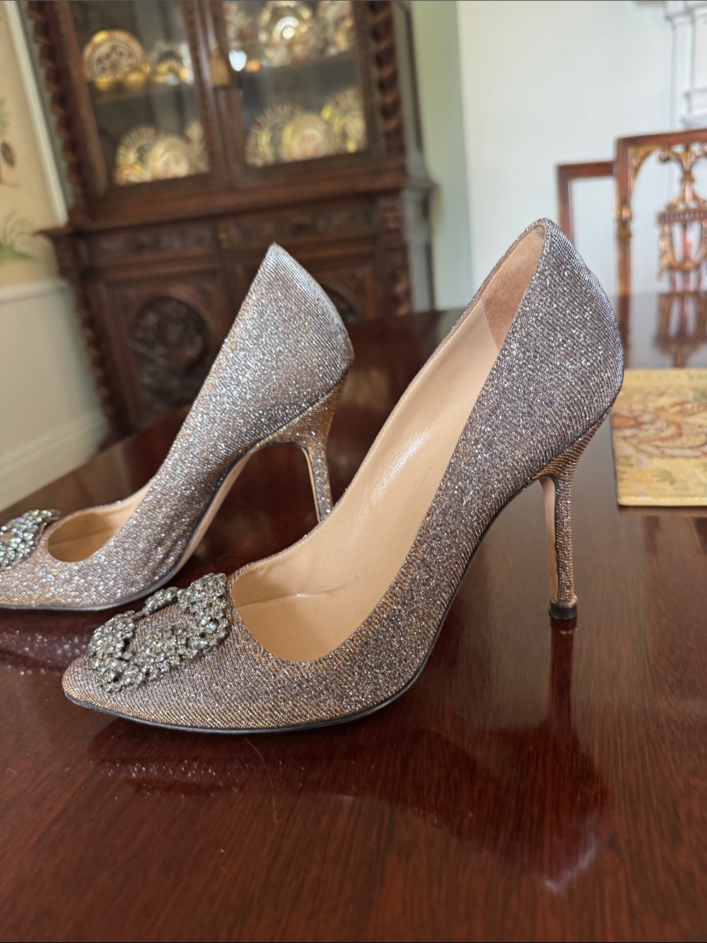 Manolo Blahnik Hangisi Silver Embellished Women's Pumps 37 - Picture 4 of 13